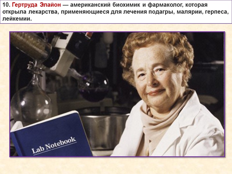 10. Гертруда Элайон — американский биохимик и фармаколог, которая открыла лекарства, применяющиеся для лечения